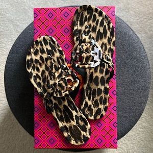 Tory Burch Miller Natural Leopard Printed Patent Leather Sandals - Size 6.
